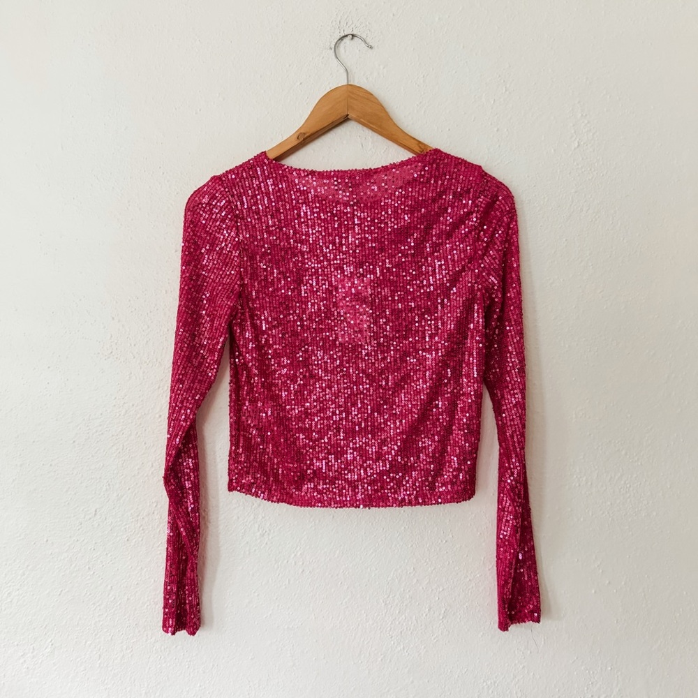 Chelsea & Violet Girls Fushia Sequin Sparkling Long Sleeve Cropped Top - Picture 2 of 5